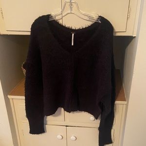 Free People Cropped V-Neck Black Fuzzy Sweater